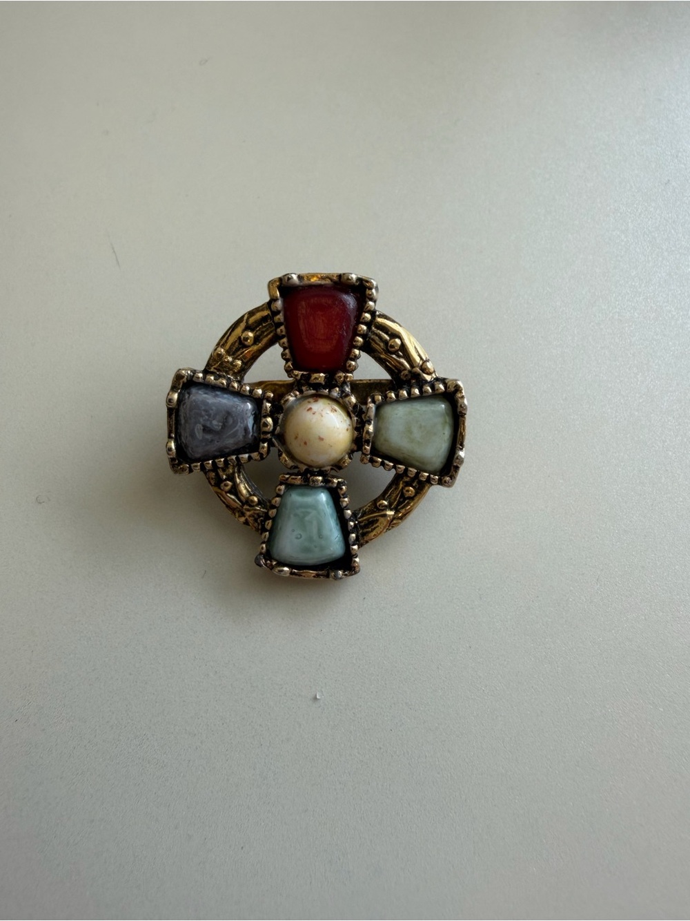 Vintage Gold-Tone Multicolor Stone Celtic Cross Brooch